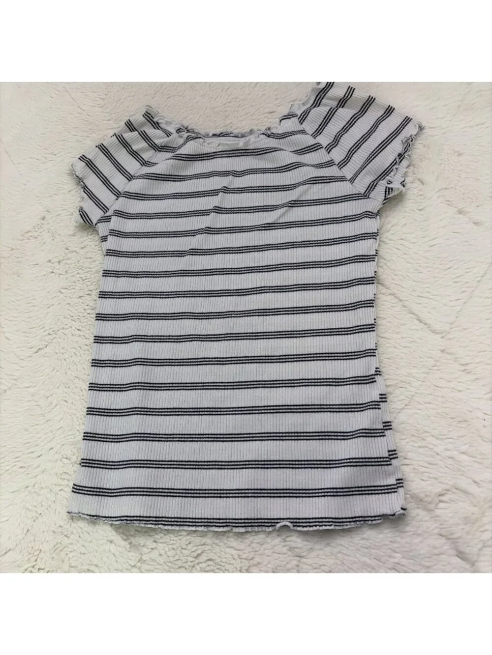 Old Navy Girls Blue Striped Ribbed Shirt XL 14 Ruffle 90s